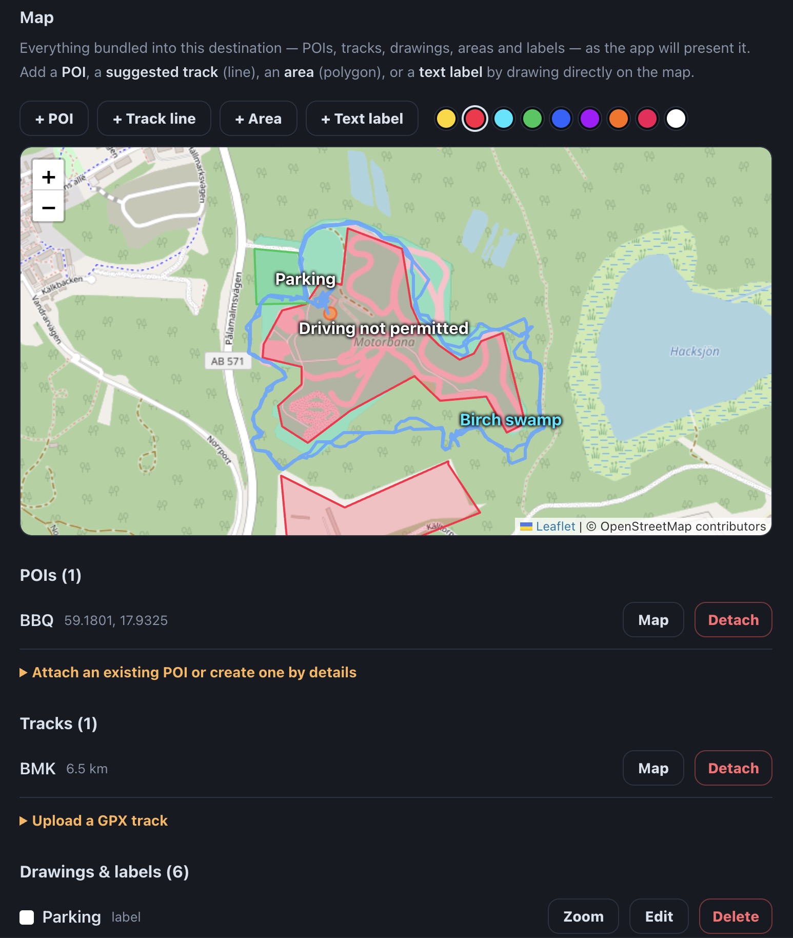 Destination Admin editing tracks, POIs, lines, areas, and labels directly on the map.
